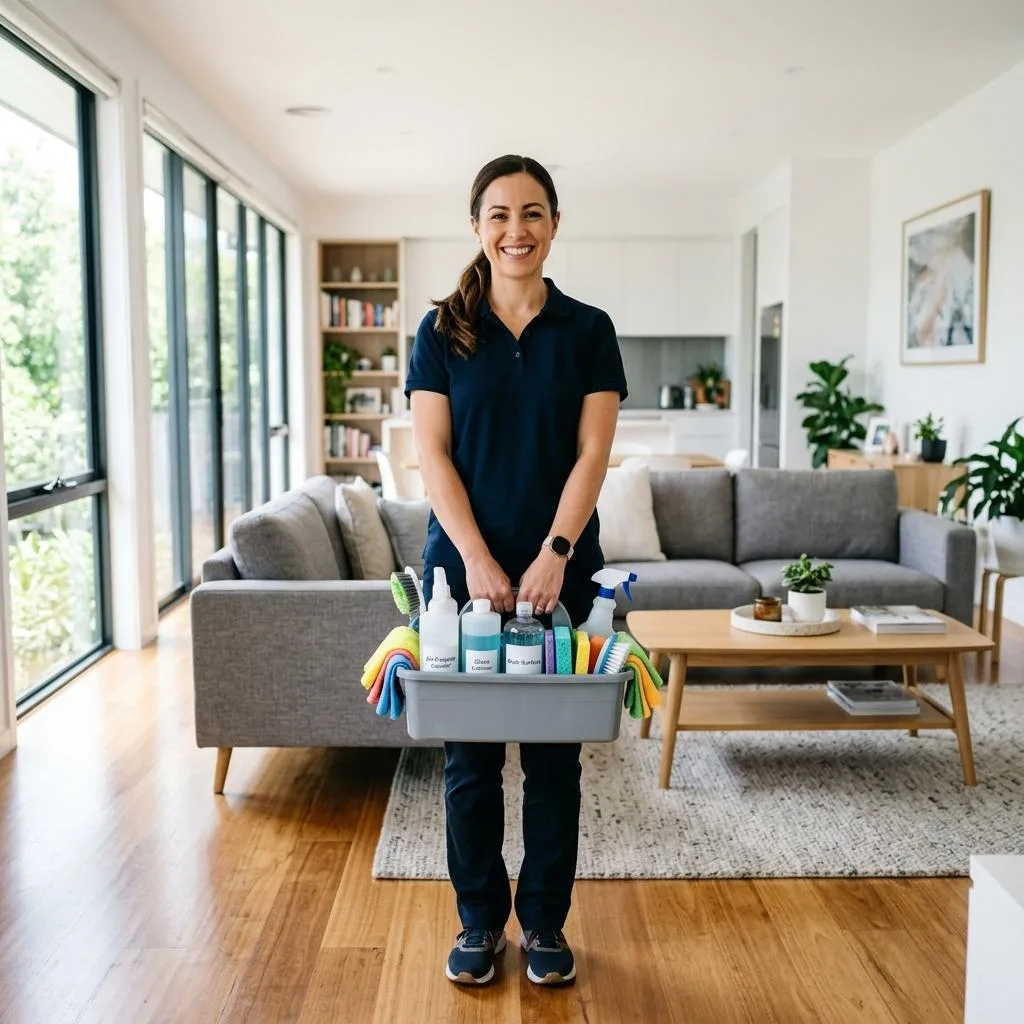 Smiling cleaner holding a caddy of cleaning supplies